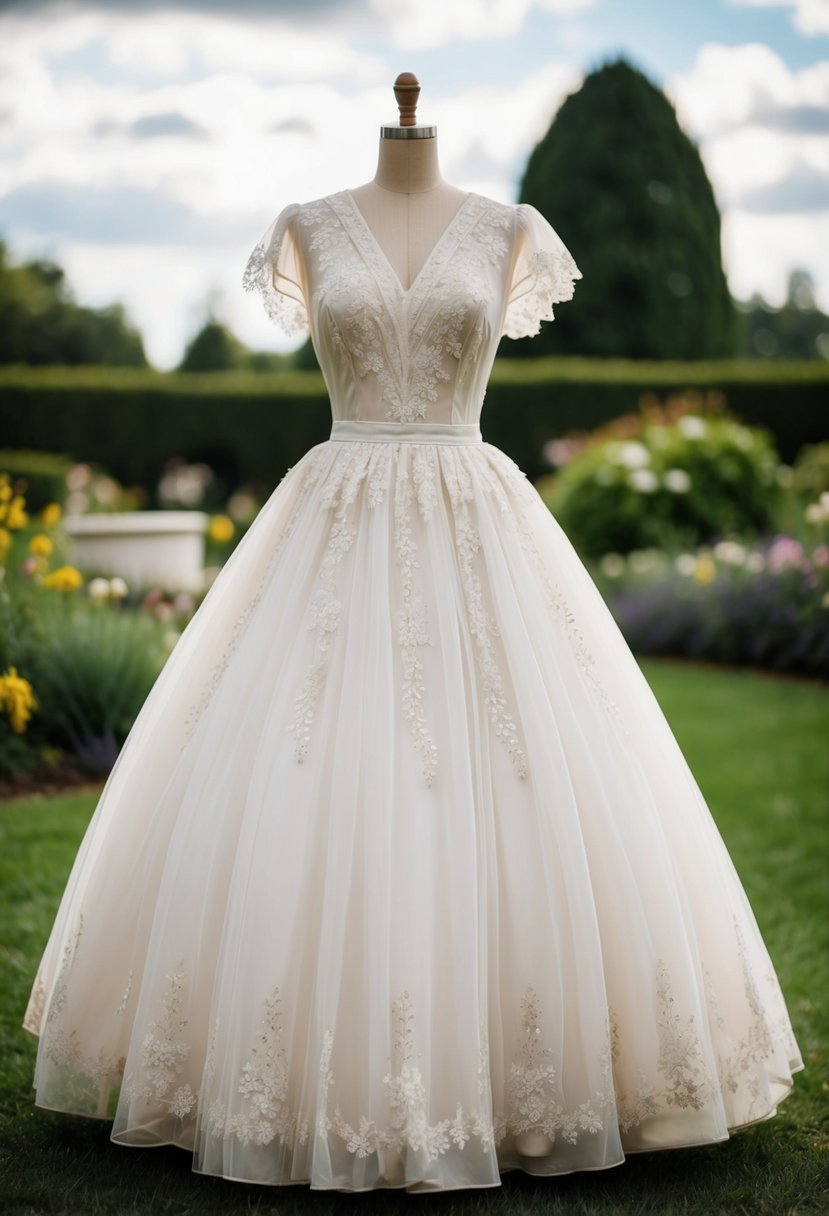 A 1940s vintage wedding dress with embroidered tulle, adorned with delicate lace and a flowing skirt, set against a backdrop of a romantic garden