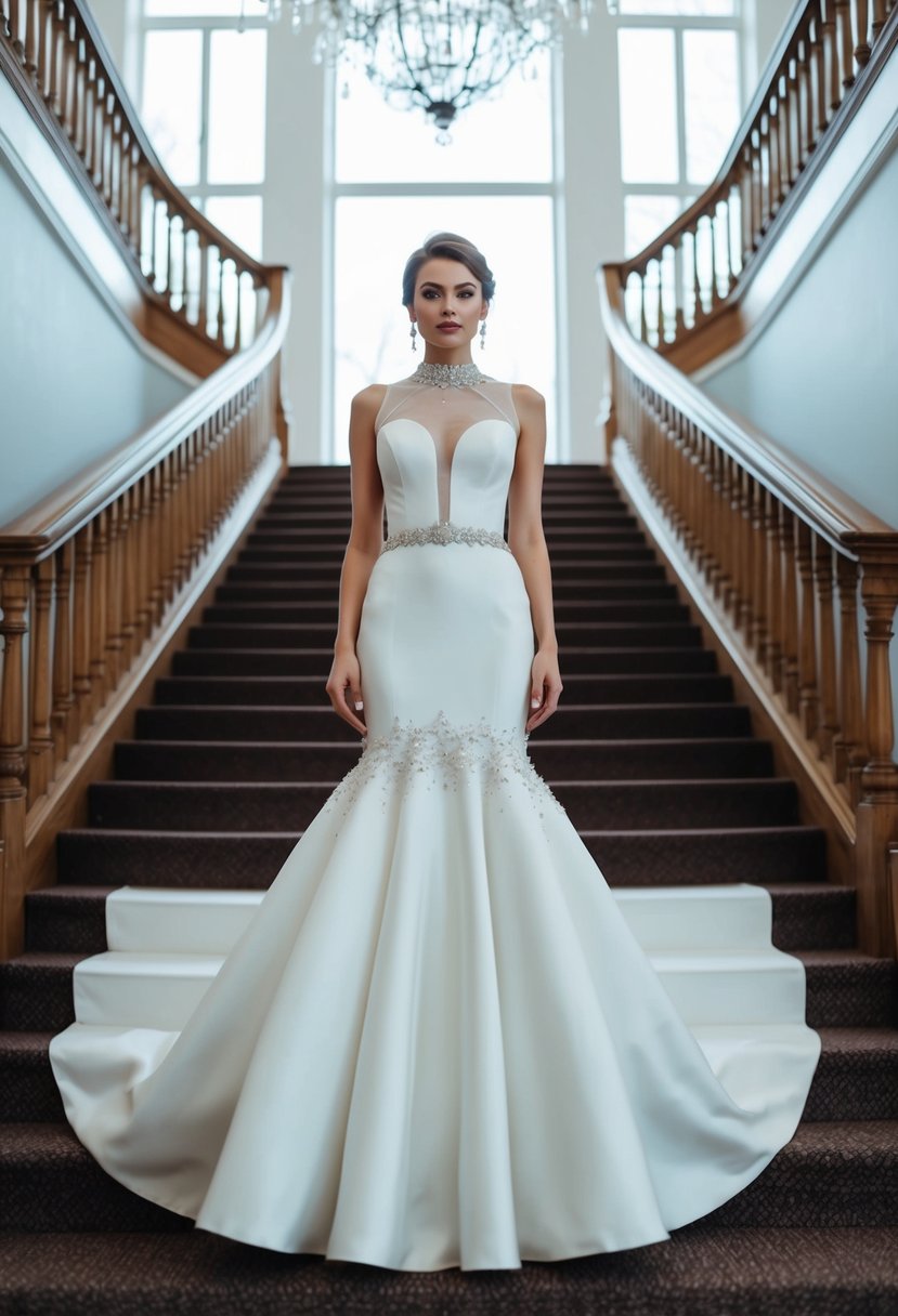 A bride stands on a grand staircase, wearing a high-necked wedding dress with an illusion neckline and an embellished fishtail skirt