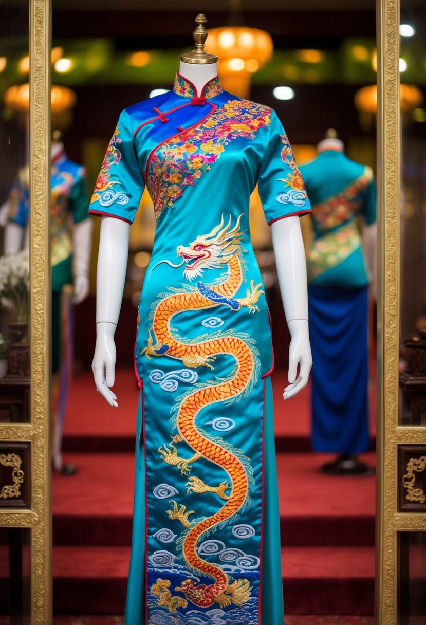 A Vietnamese Ao Dai with a dragon motif, featuring vibrant colors and intricate embroidery, displayed on a mannequin in a traditional wedding setting