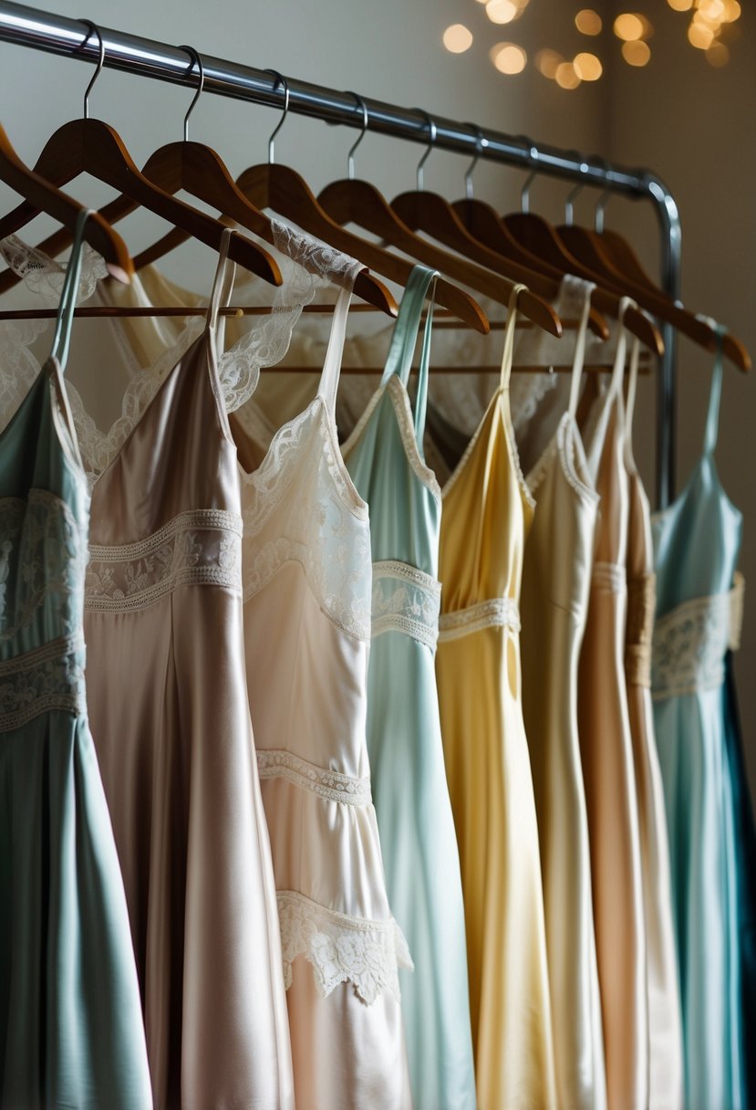 A row of silk satin slip dresses from the 1940s, hanging on a vintage clothing rack, with lace and delicate details