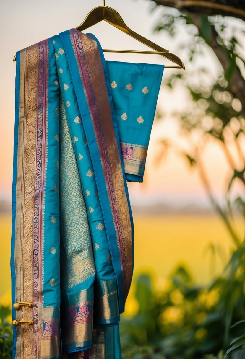 An ornate Banarasi silk saree draped over a golden hanger, adorned with intricate patterns and vibrant colors