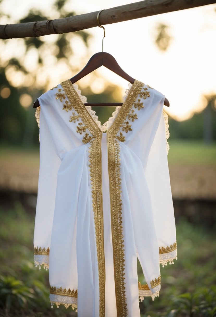 A traditional white Cambodian sampot draped over a wooden hanger, adorned with intricate gold embroidery and delicate lace details