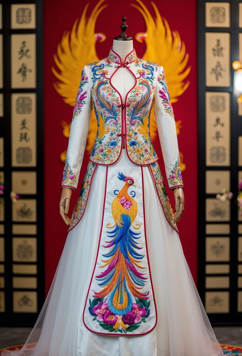 A Chinese phoenix wedding dress displayed on a mannequin, adorned with intricate embroidery and vibrant colors, set against a backdrop of traditional Asian motifs