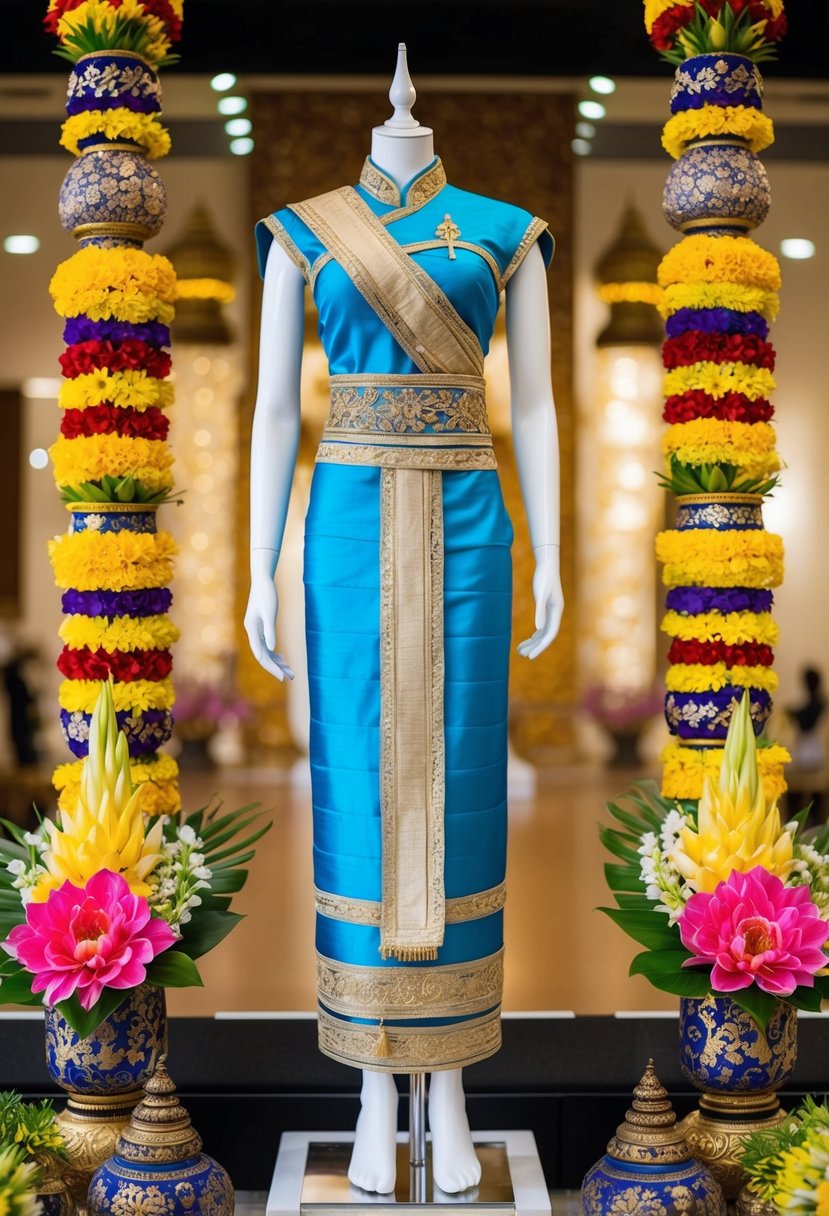 A traditional Thai silk chut thai dress displayed on a mannequin, surrounded by vibrant floral decorations and traditional Thai ornaments