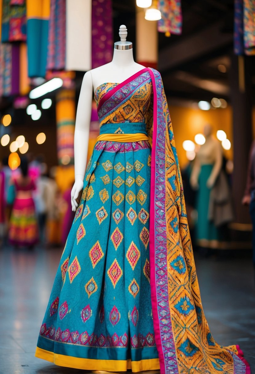 A vibrant batik print Malay songket wedding dress draped over a mannequin, with intricate patterns and rich colors