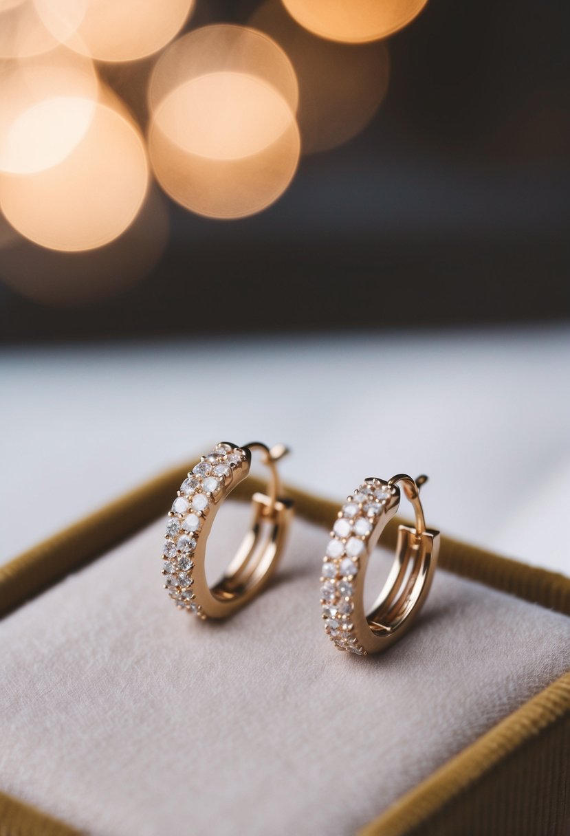 A pair of delicate white gold wedding earrings displayed on a velvet cushion