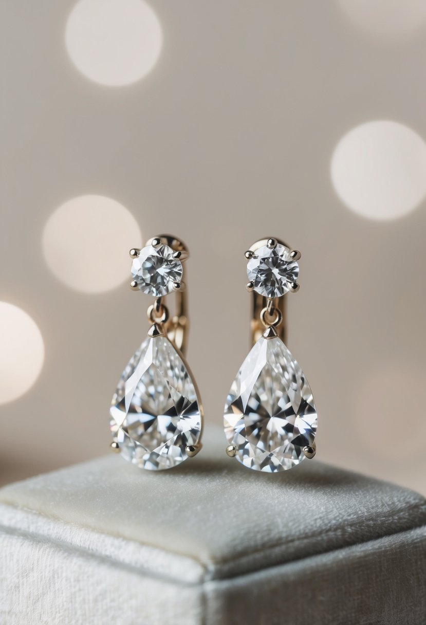 A pair of classic teardrop diamond and white gold earrings displayed on a velvet cushion against a soft, neutral background