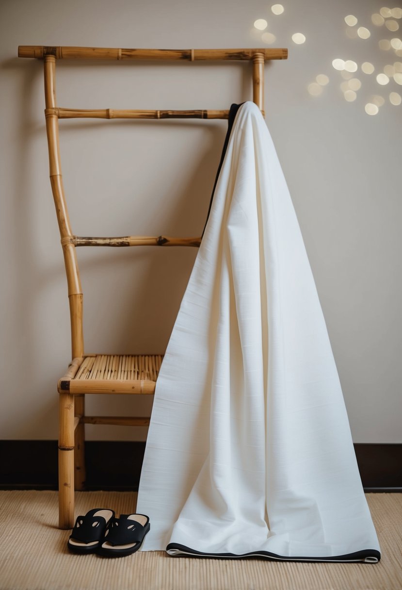 A simple, elegant yukata draped over a bamboo chair, with a pair of geta sandals placed neatly beside it