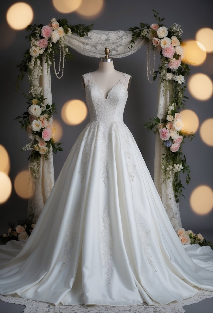 An elegant 80s gown wedding dress on a mannequin, surrounded by vintage lace, pearls, and floral accents