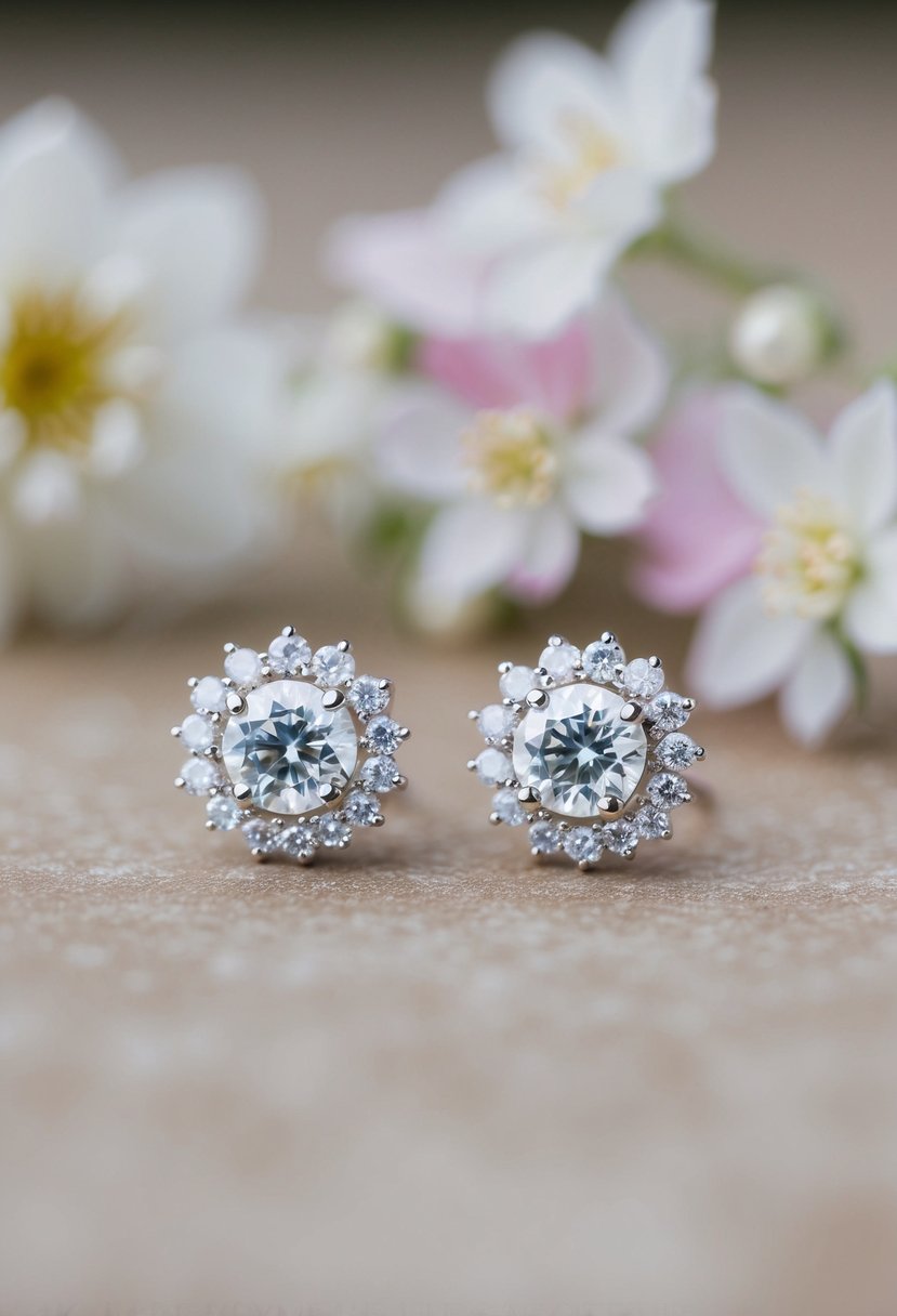 A pair of delicate white gold studs adorned with sparkling diamonds, surrounded by intricate floral designs for a wedding-inspired earring idea