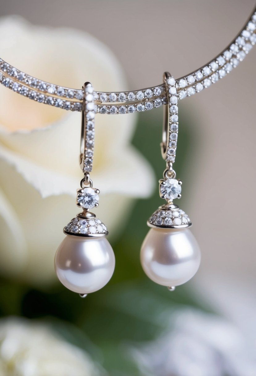 A sparkling white gold and pearl drop earrings dangle from a delicate halo, catching the light in a luxurious and elegant wedding setting