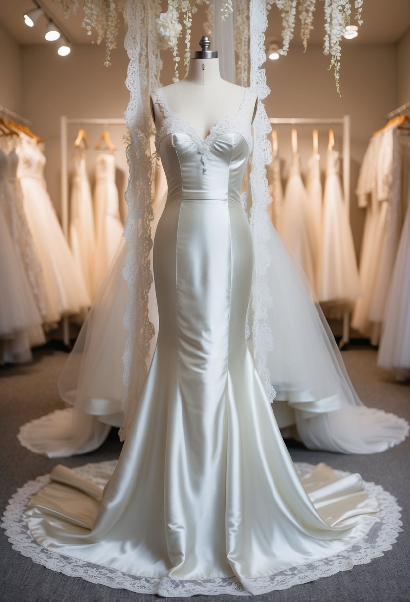 A vintage satin mermaid gown drapes elegantly on a mannequin, surrounded by cascading lace and tulle, in a softly lit bridal boutique