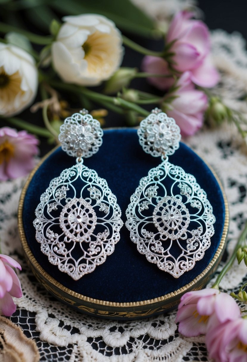 A pair of intricate white gold filigree earrings displayed on a velvet cushion, surrounded by vintage lace and delicate floral accents