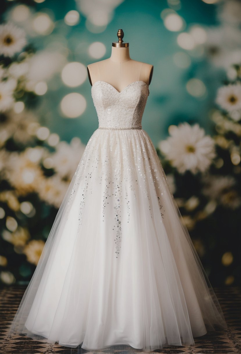 An 80s gown with a sweetheart neckline and tulle skirt, adorned with delicate lace and shimmering sequins, set against a backdrop of vintage wedding inspiration