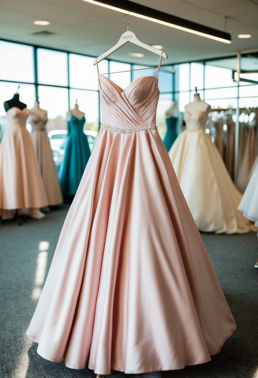 An elegant Blush Pink A-Line Gown from the 80s, hanging on a vintage mannequin in a sunlit bridal boutique