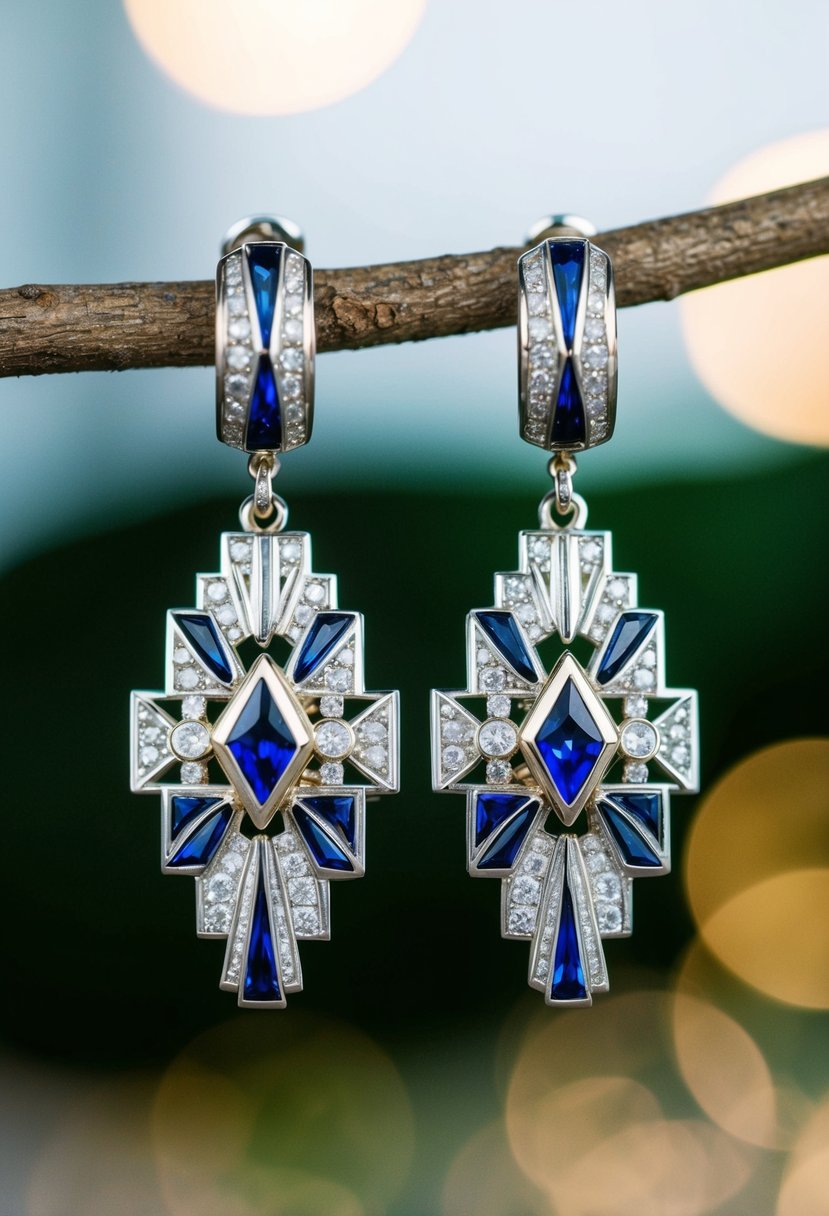 Elegant white gold and sapphire danglers, featuring intricate Art Deco design with geometric patterns and sleek lines