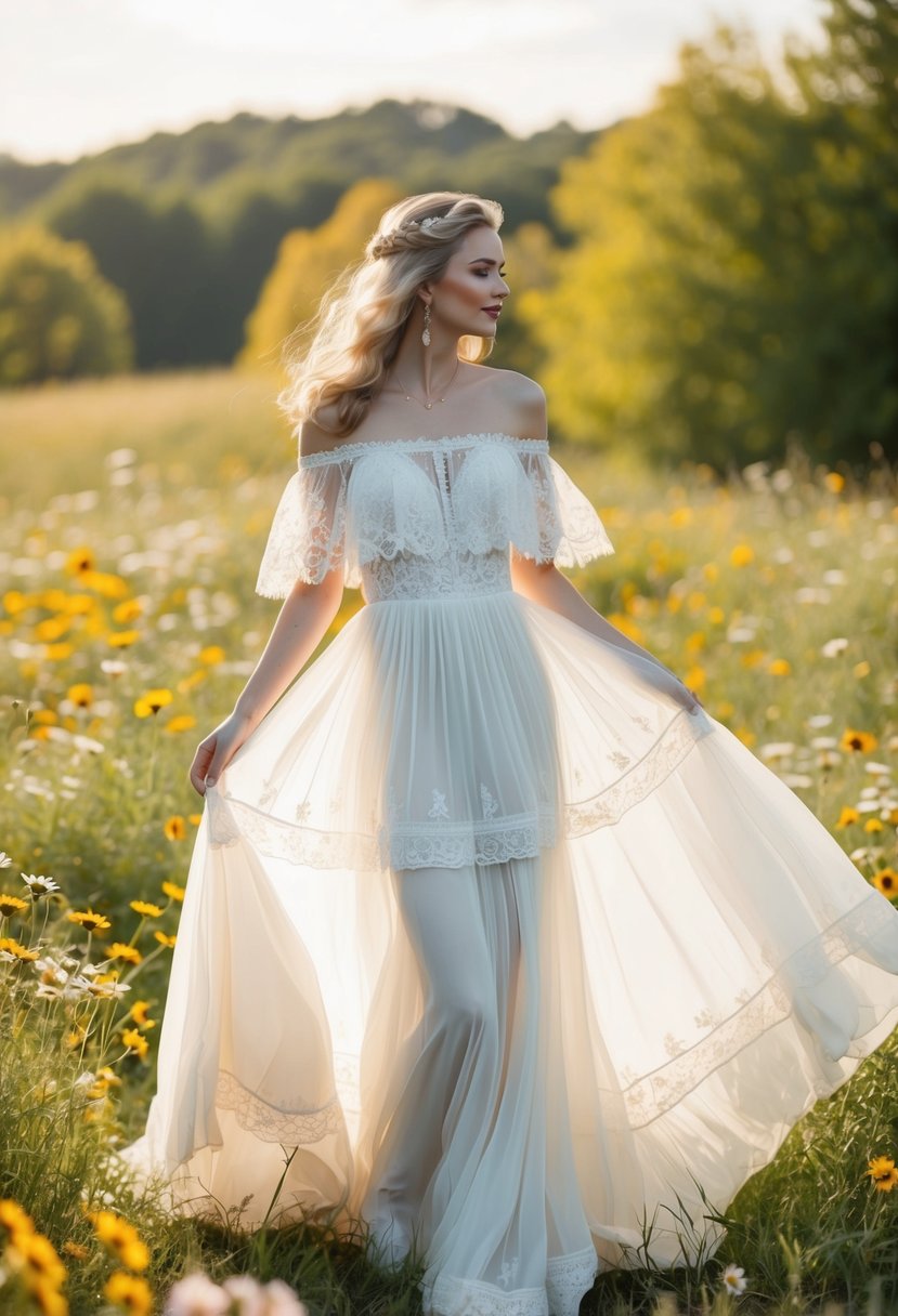 A flowing, off-the-shoulder bohemian wedding dress from the 80s, adorned with lace and delicate details, set against a backdrop of wildflowers and a sunlit meadow