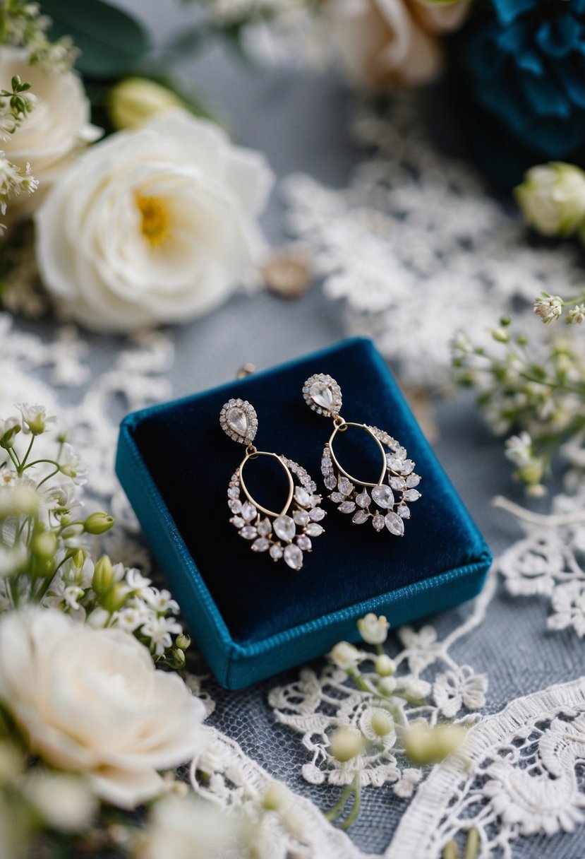 A close-up of elegant wedding earrings clipped onto a velvet cushion, surrounded by delicate lace and floral details