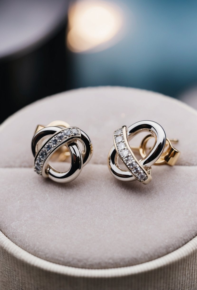 A pair of white gold earrings with an infinity knot design and embedded diamonds, resting on a velvet jewelry display