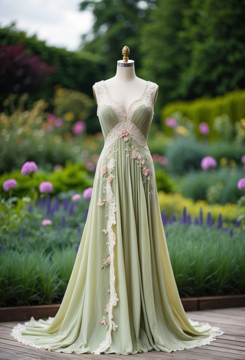 An elegant, flowing hemp gown from the 80s, adorned with delicate lace and floral details, set against a backdrop of lush, sustainable gardens