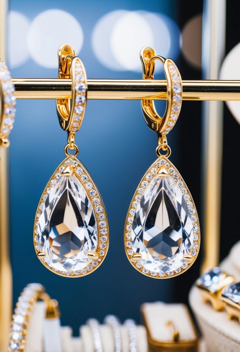 A pair of sparkling teardrop clip-on earrings hanging from a jewelry display, surrounded by other elegant accessories