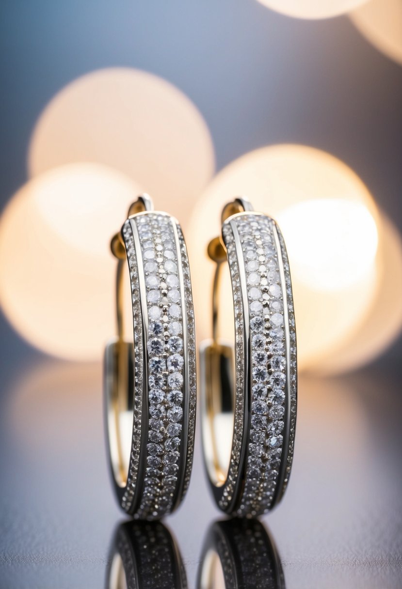 A pair of white gold hoops adorned with pave diamonds, gleaming under soft lighting