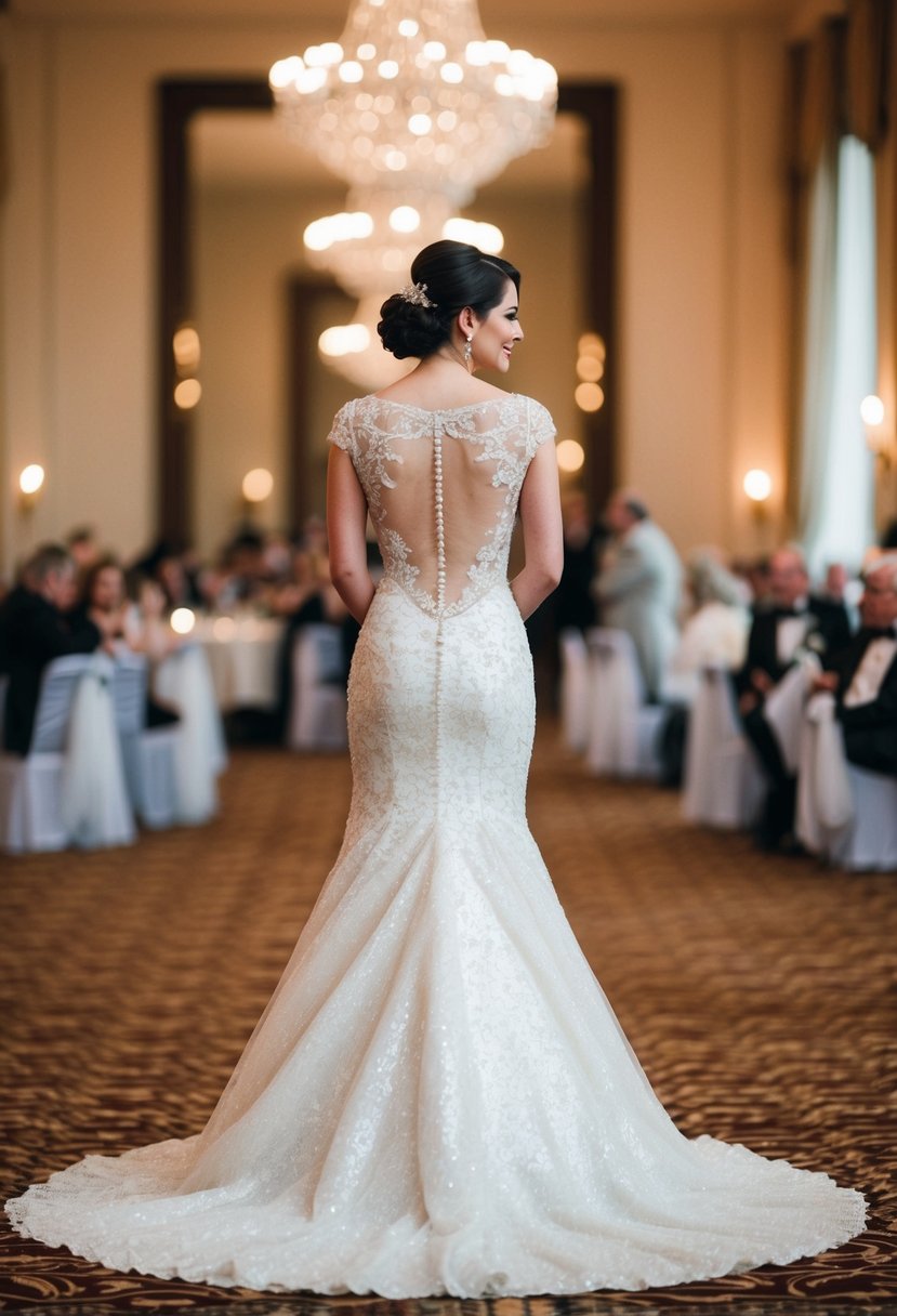 A bride stands in an elegant ballroom, wearing a shimmering illusion back fit-and-flare 80s gown. The dress features intricate lace detailing and a dramatic train, creating a timeless and romantic wedding look