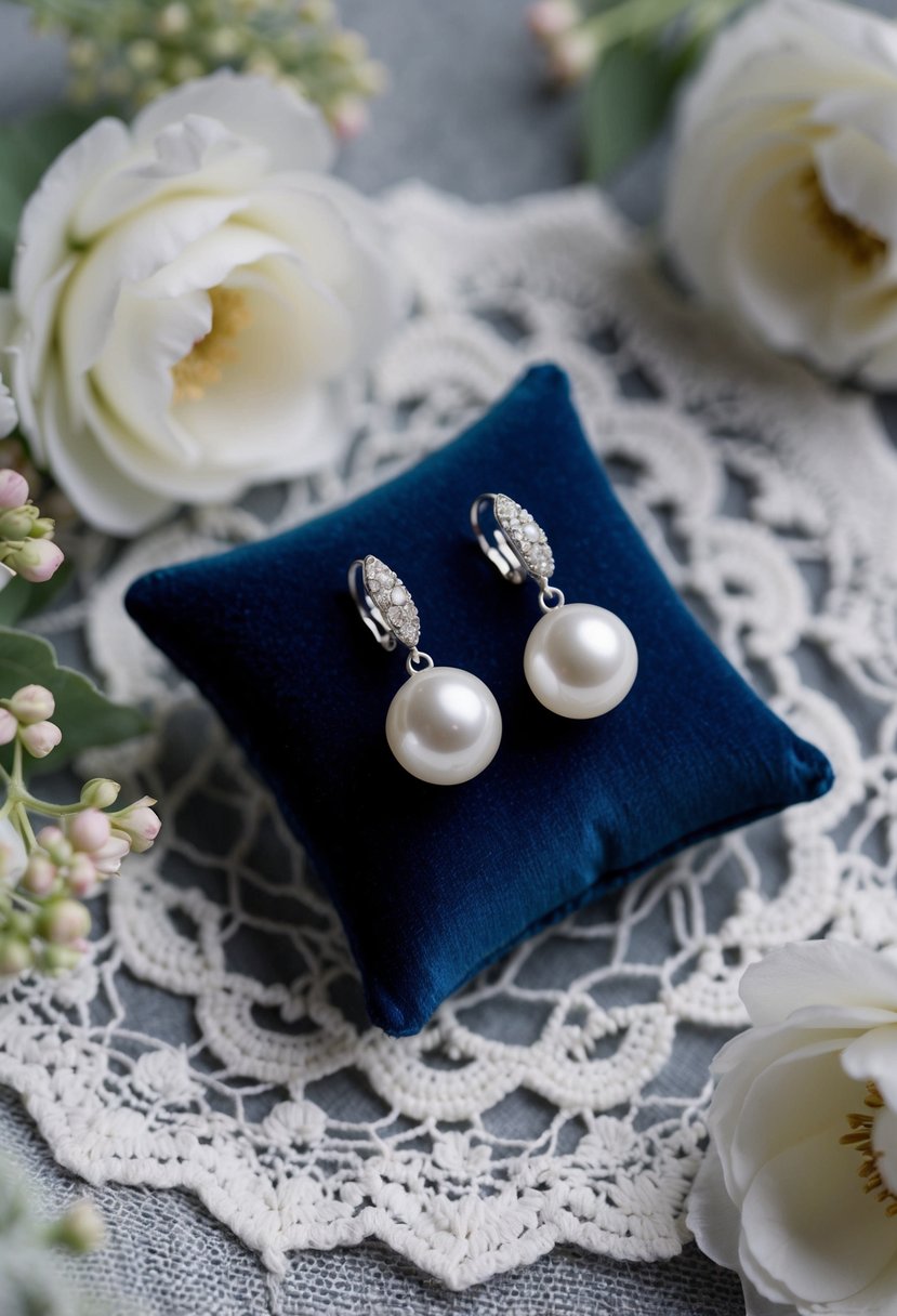 A close-up of elegant Ana Inspirations Sterling Silver Pearl Clip-On Earrings on a velvet cushion, surrounded by delicate lace and floral accents