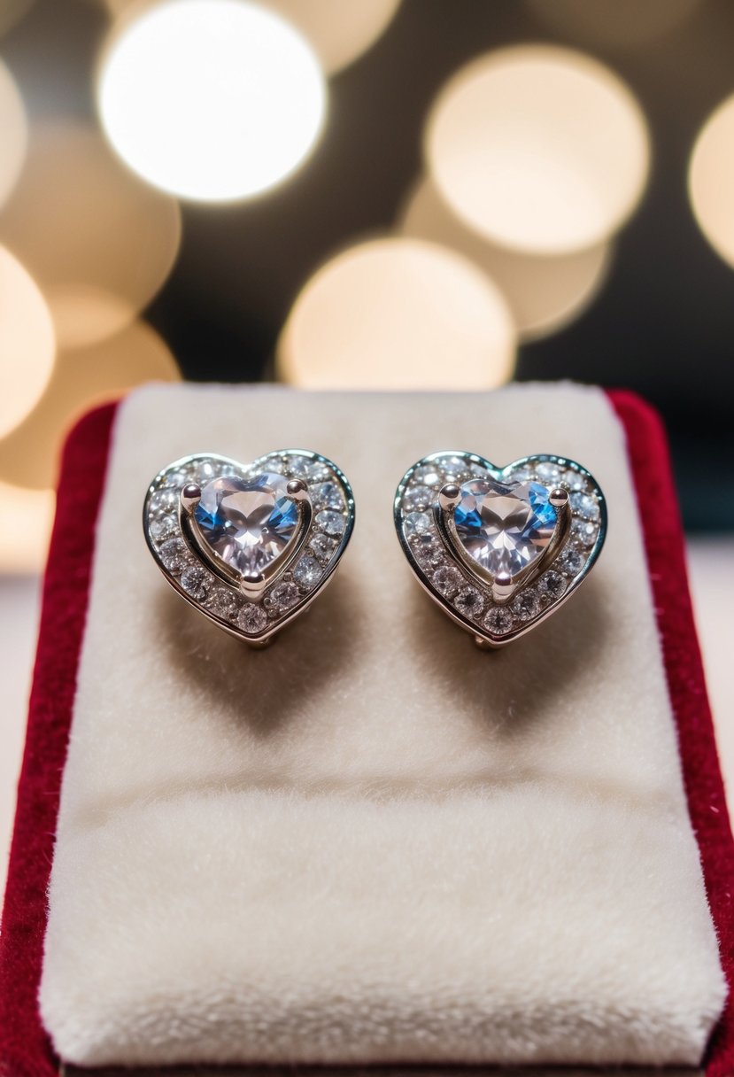 Heart-shaped white gold and crystal studs on a velvet jewelry display