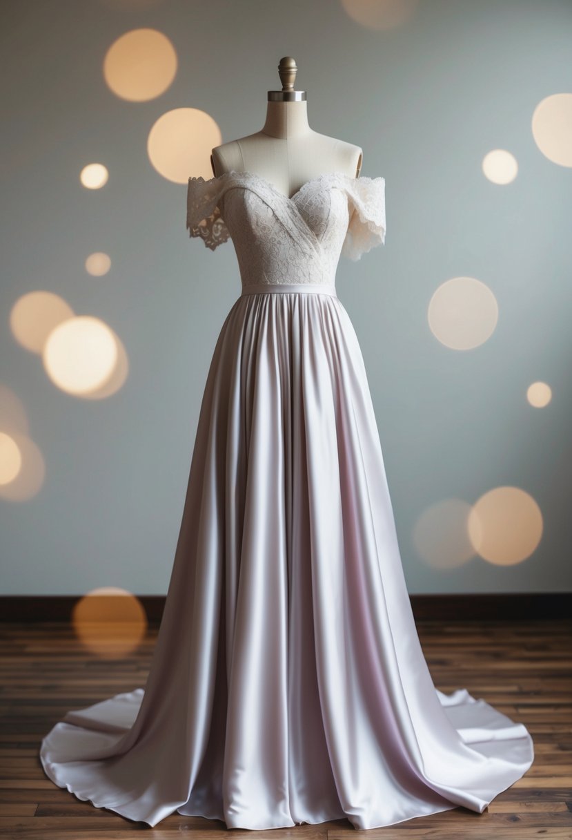 An elegant off-the-shoulder silk gown from the 80s, with a flowing, floor-length skirt and delicate lace details