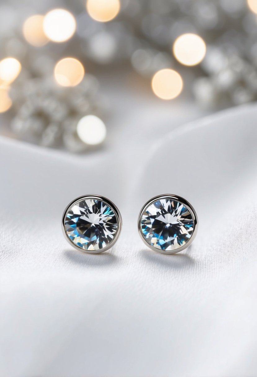 A sparkling pair of Swarovski crystal invisible stud clip-on earrings on a white satin background