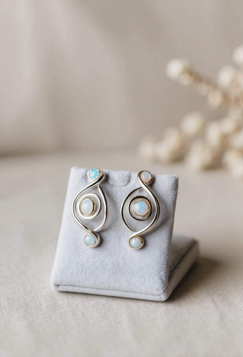 A pair of white gold swirl earrings with opal accents displayed on a velvet cushion against a soft, neutral background