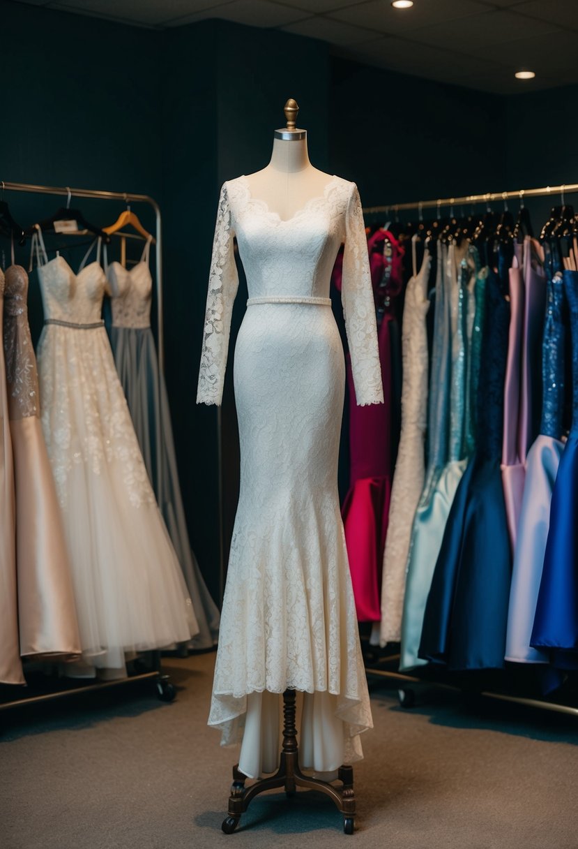 A long sleeve lace trumpet dress hangs on a vintage mannequin in a dimly lit room, surrounded by racks of other 80s gown wedding dress ideas