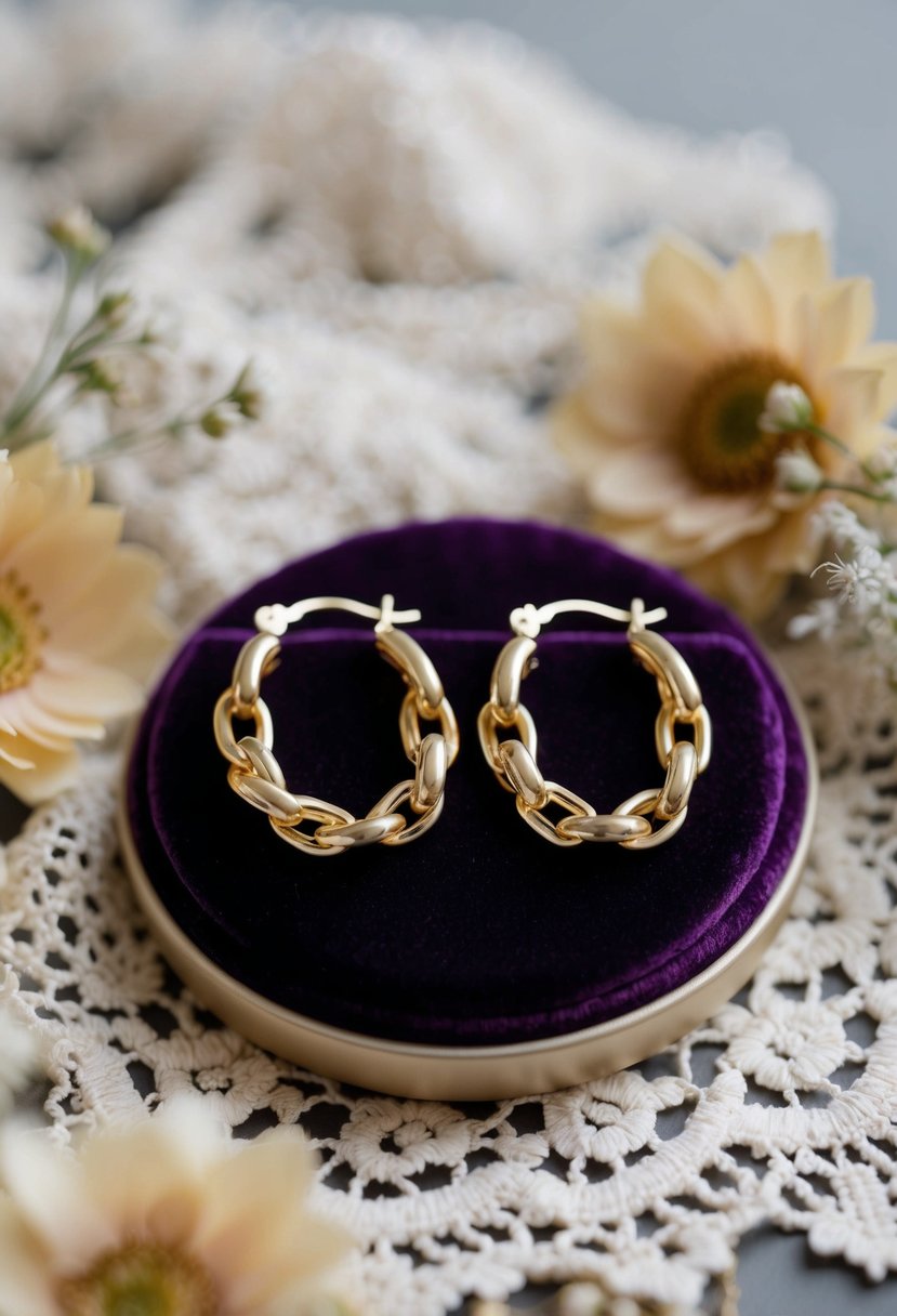 A pair of MaioreAccessories Gold Linked Hoops Clip-On Earrings displayed on a velvet cushion, surrounded by delicate lace and floral accents