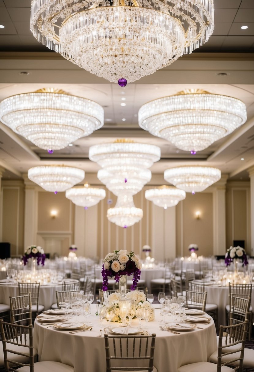 A luxurious ballroom adorned with sparkling white gold and amethyst chandeliers, setting the stage for elegant white gold wedding earring inspiration