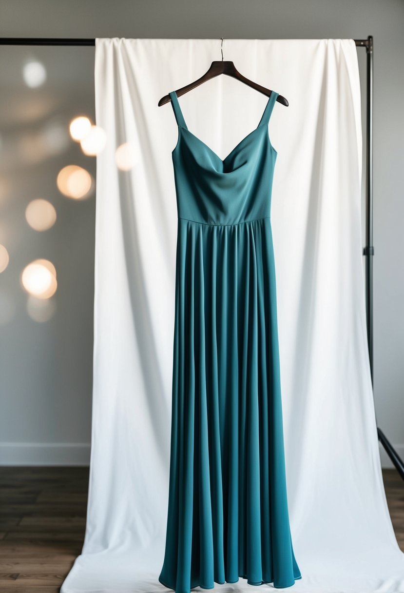 A simple, flowing crepe gown hangs on a hanger against a white backdrop, with soft natural light illuminating the fabric's texture and elegant drape