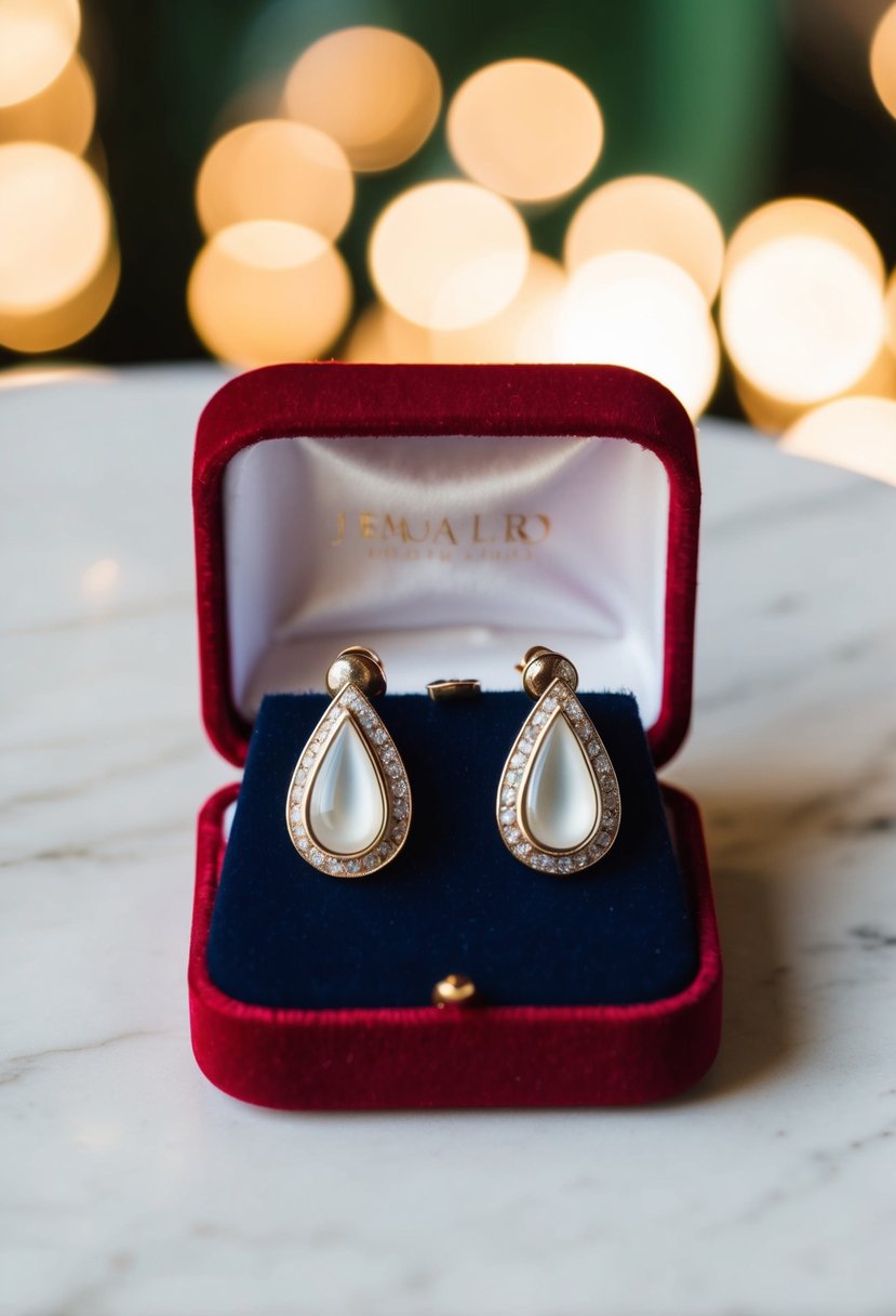 Two tear drop clip-on earrings resting on a velvet jewelry box