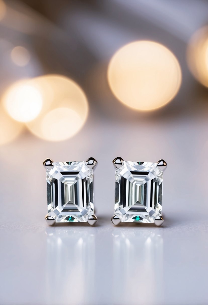 A pair of emerald-cut diamond studs set in white gold, sparkling under soft lighting