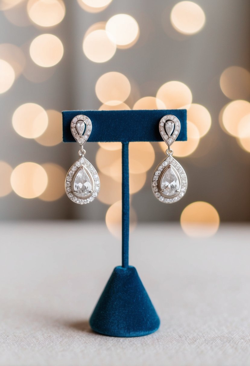 A pair of elegant "Hayley" clip-on drop wedding earrings displayed on a velvet jewelry stand