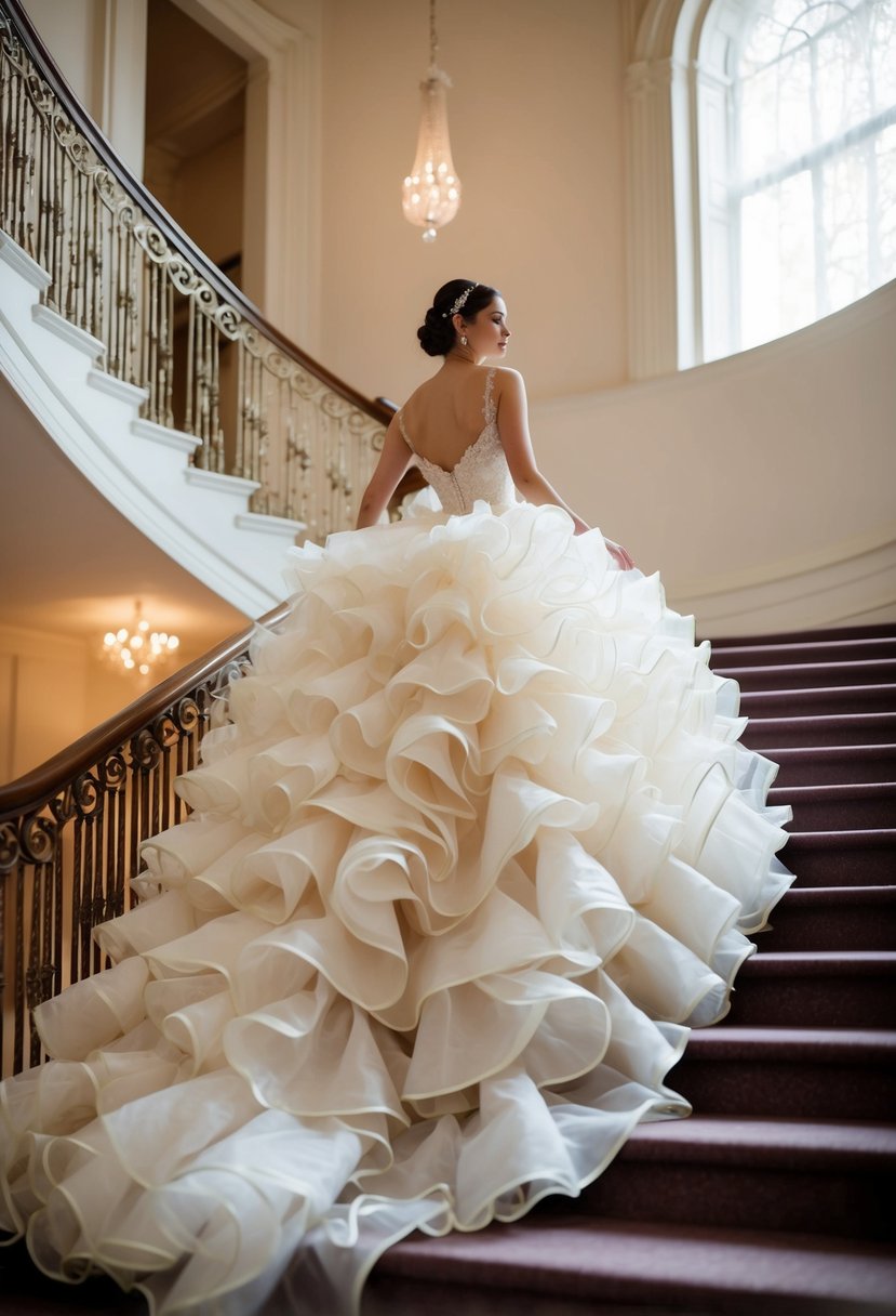 An elegant ruffled organza ballgown cascades down a grand staircase, with soft light illuminating its voluminous layers and delicate details