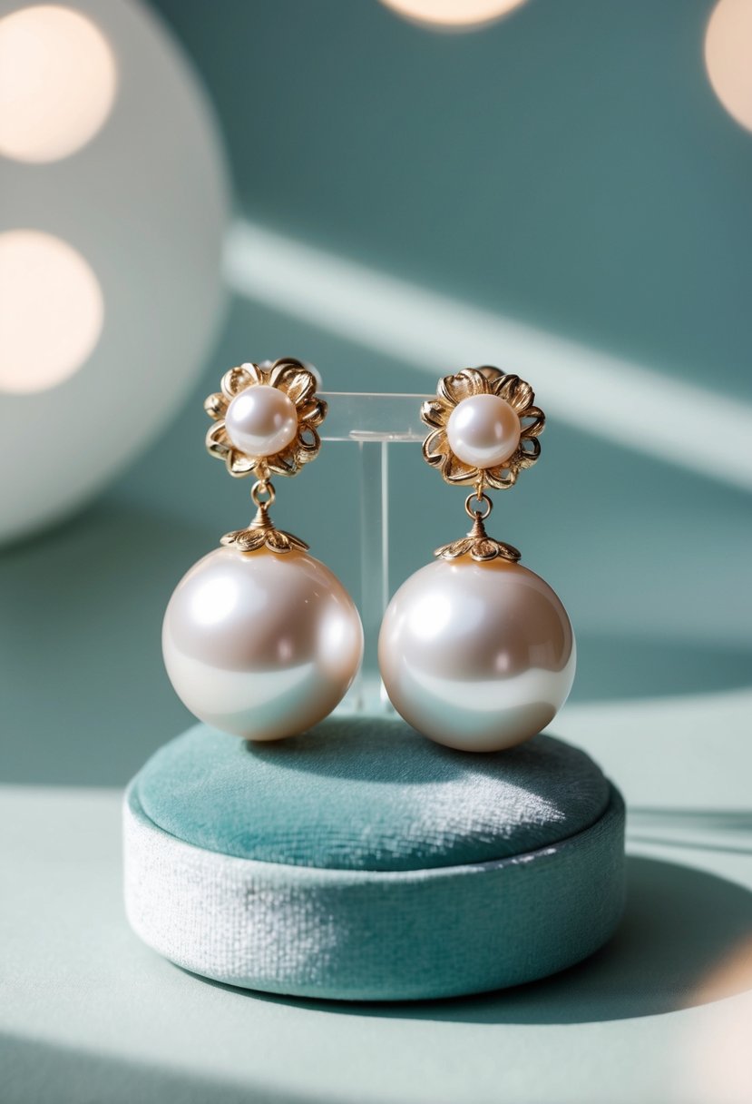 A pair of baroque pearl and white gold earrings displayed on a velvet cushion, surrounded by soft, diffused lighting