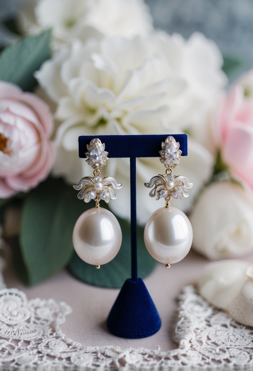 A pair of Baroque pearl clip-on earrings displayed on a velvet jewelry stand, surrounded by delicate lace and floral motifs