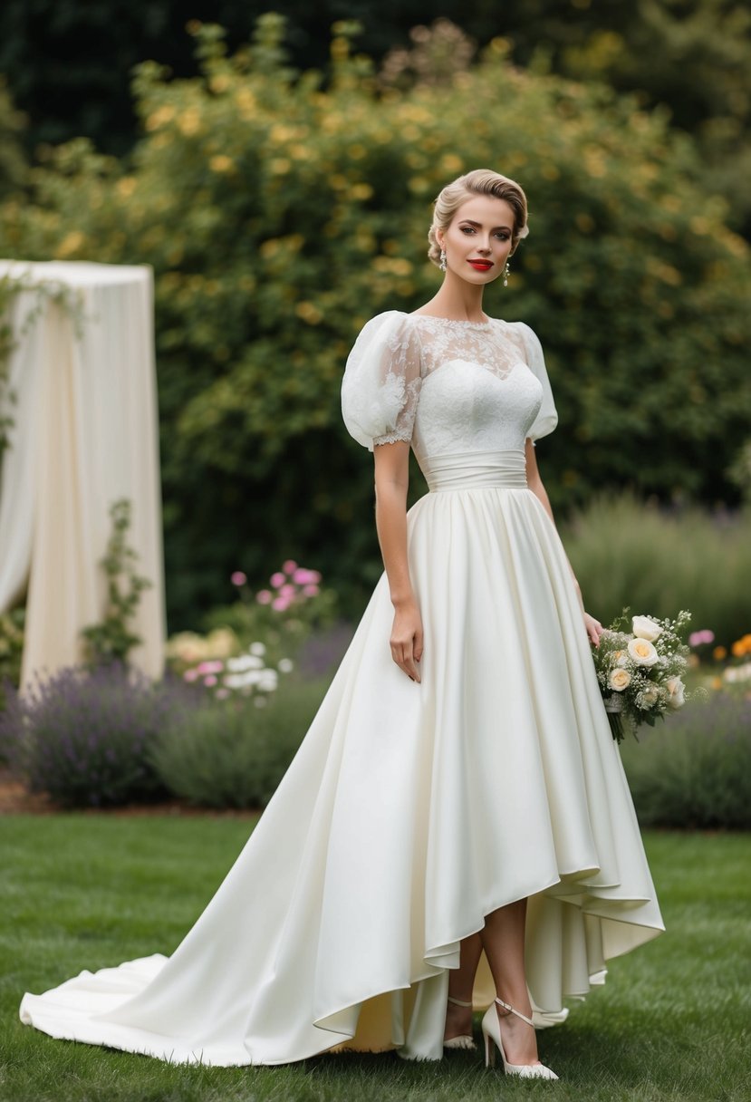 A tea-length, high-low 80s gown wedding dress with puffy sleeves, lace details, and a cinched waist, set against a romantic garden backdrop