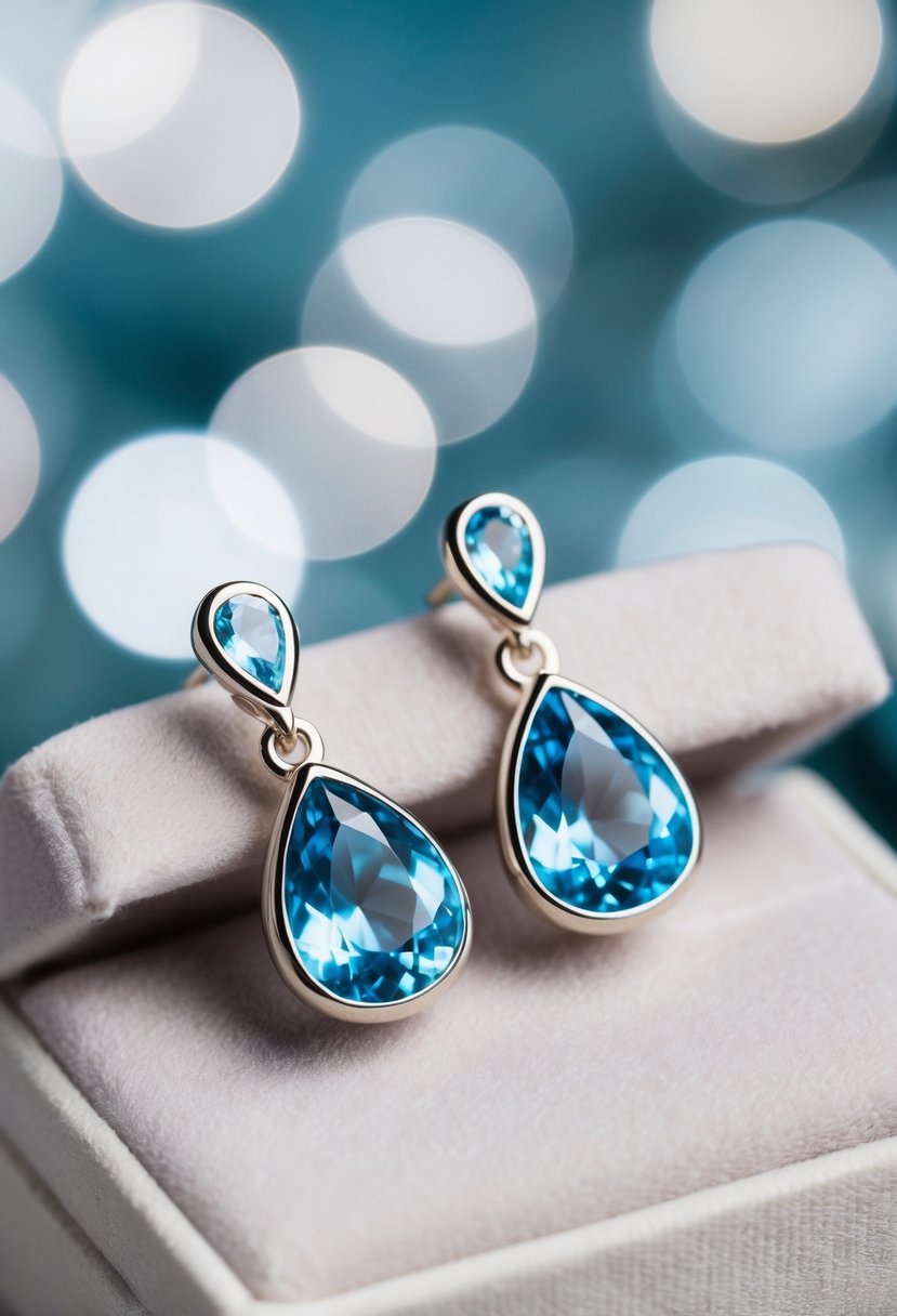 A pair of white gold earrings with delicate blue topaz drops, resting on a soft velvet cushion