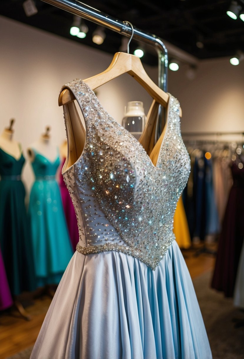 A sparkling, bejeweled bodice A-line gown from the 80s, hanging on a vintage mannequin