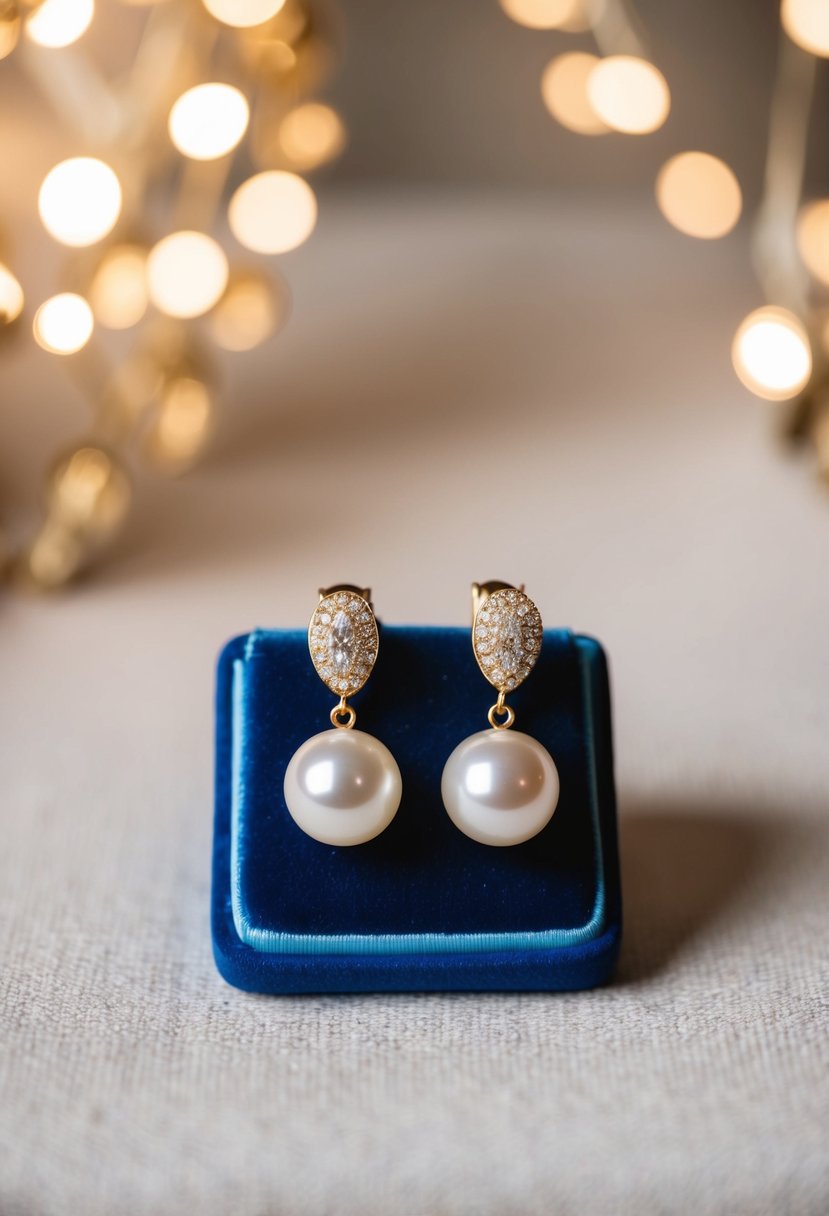 A pair of faux pearl clip-on earrings displayed on a velvet cushion with soft lighting