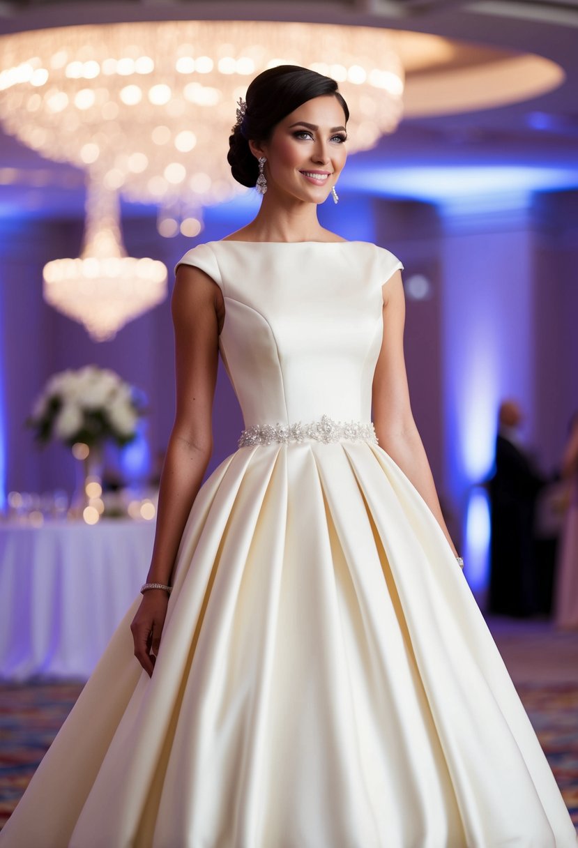 A bride wearing a cap sleeve Mikado gown with a full skirt and a defined waist, standing in a grand 80s-inspired ballroom