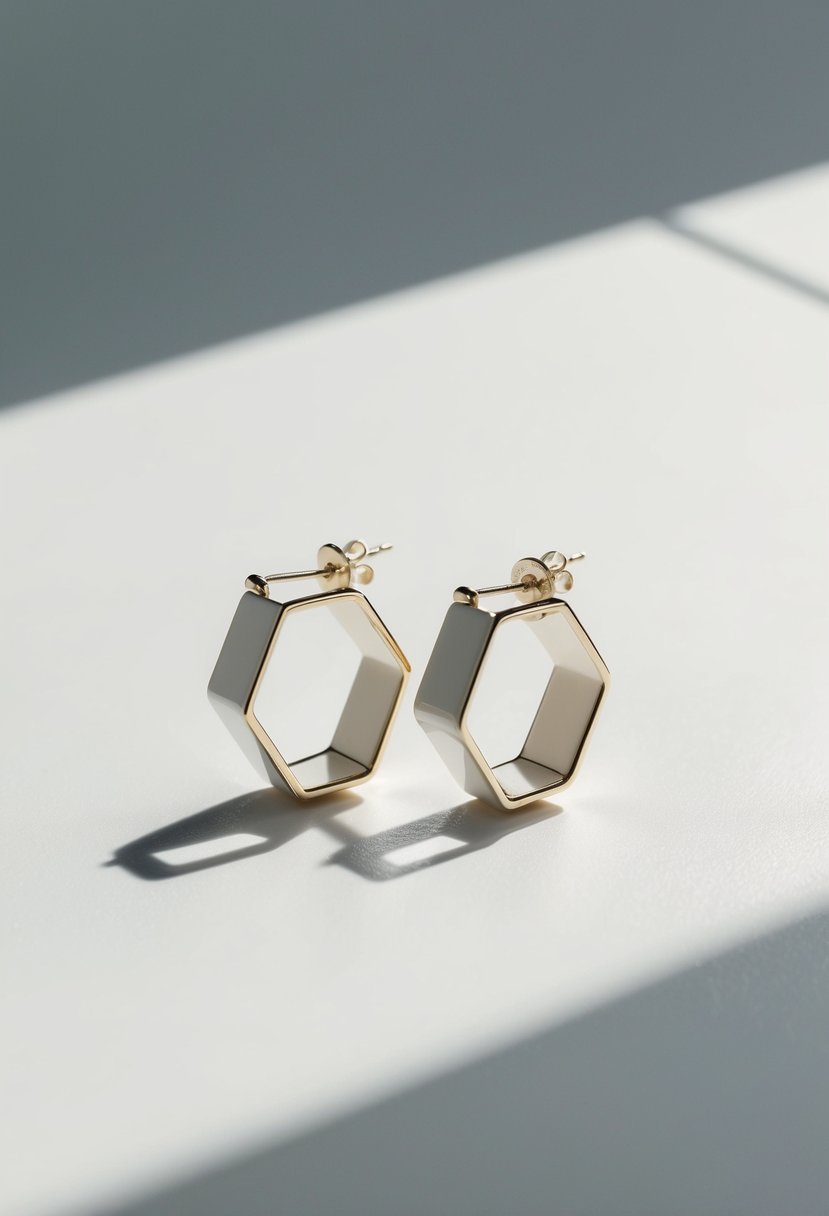 A pair of modern geometric white gold earrings displayed on a clean, minimalist background, casting a subtle shadow