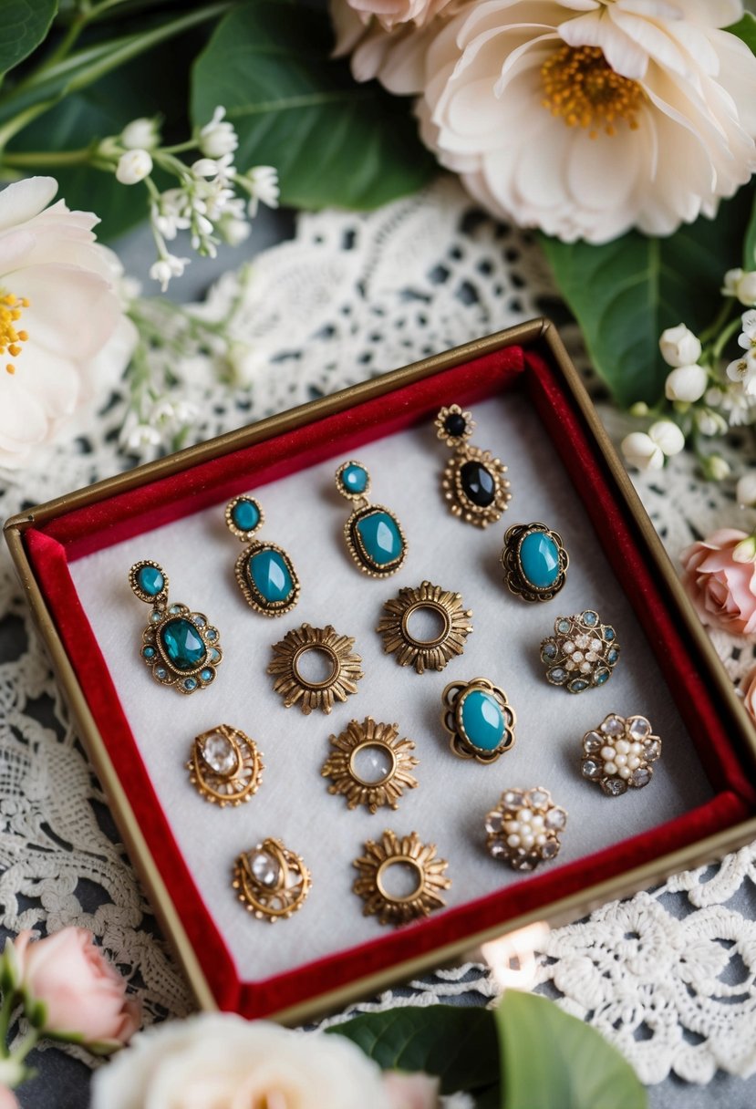 A collection of vintage clip-on earrings displayed on a velvet-lined tray, surrounded by delicate lace and floral accents