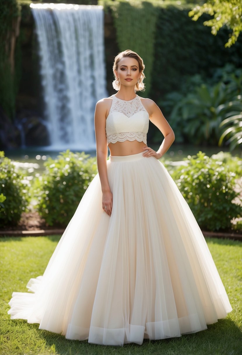 A bride in an 80s convertible two-piece gown, with a full tulle skirt and a lace crop top, standing in a lush garden with a cascading waterfall in the background